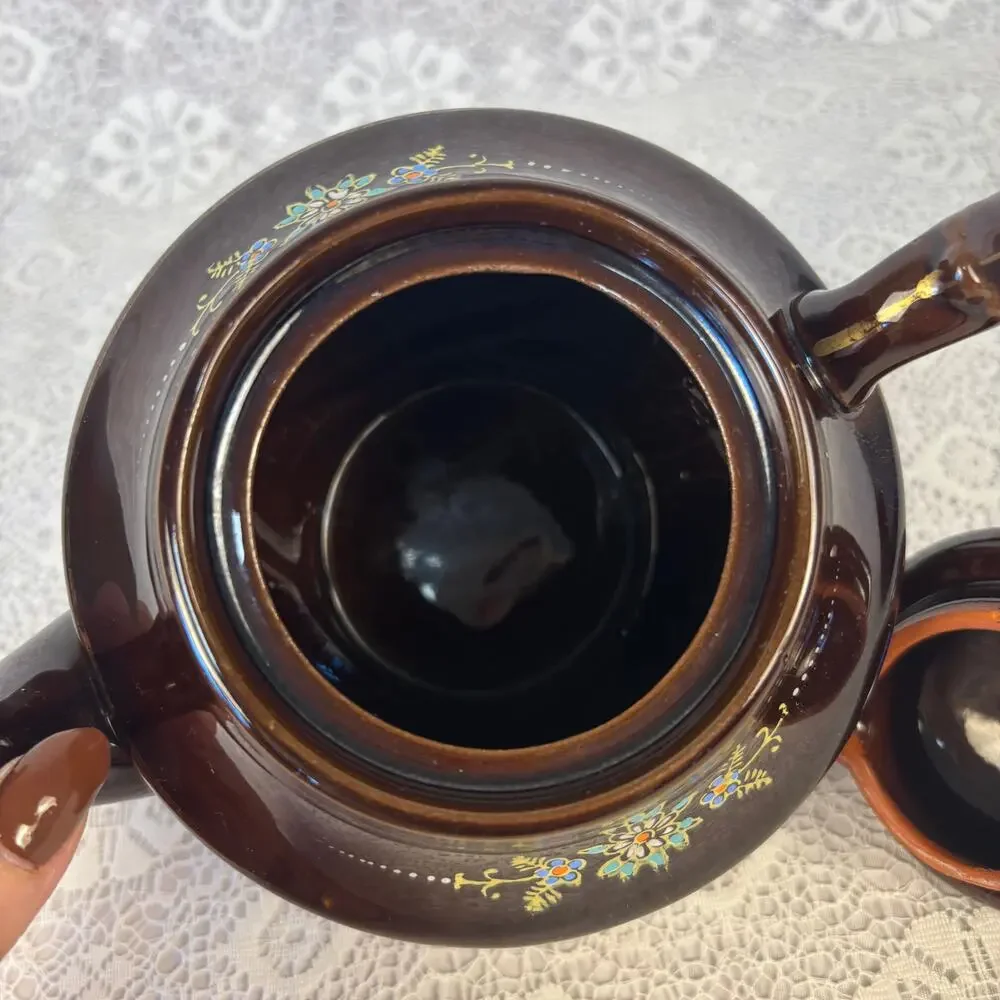 Vintage Mikado Japan Brown Teapot Hand Painted Floral Gold Trim